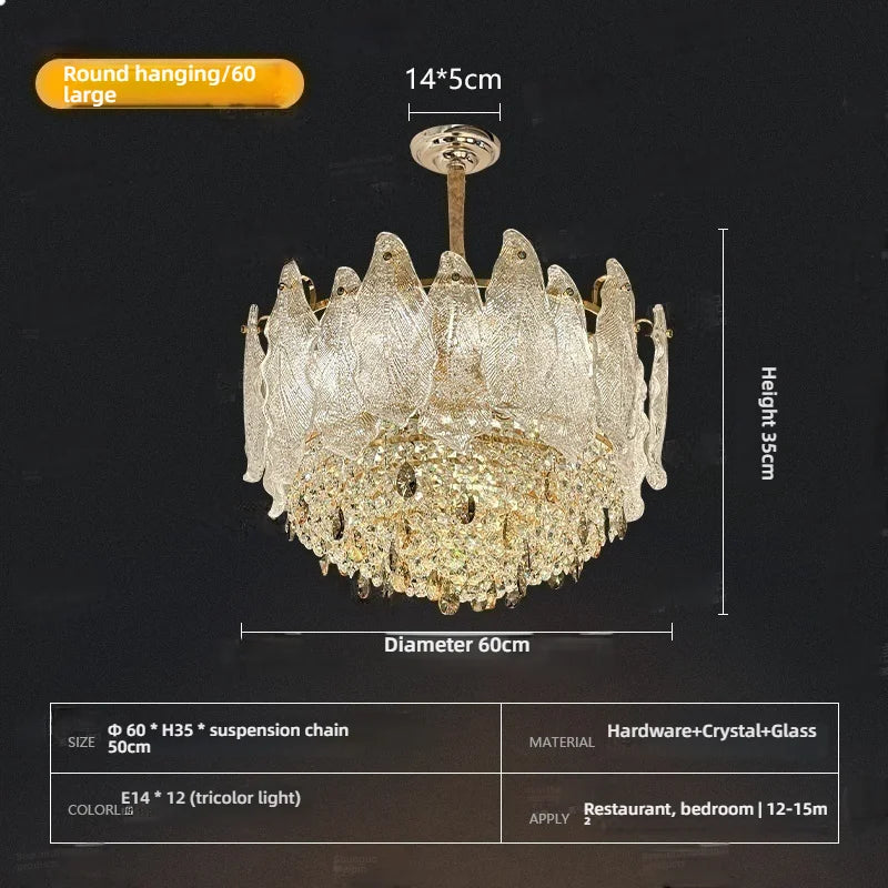 lustre cristal transparent doré feuilles pendeloques classique chambre salon