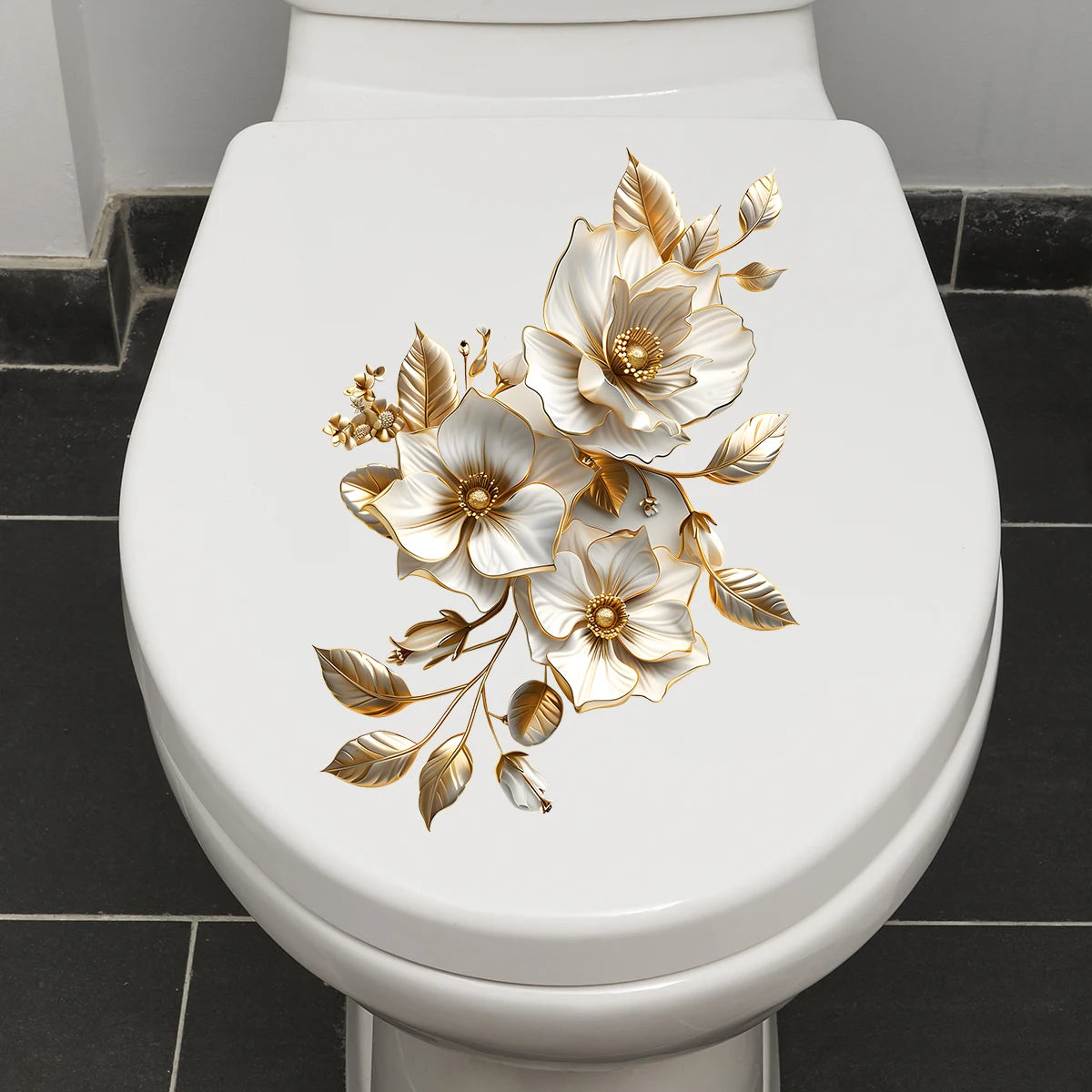 sticker mural autoadhésif plante fleurs stylisées élégant deco salle bains blanc doré PVC détachable
