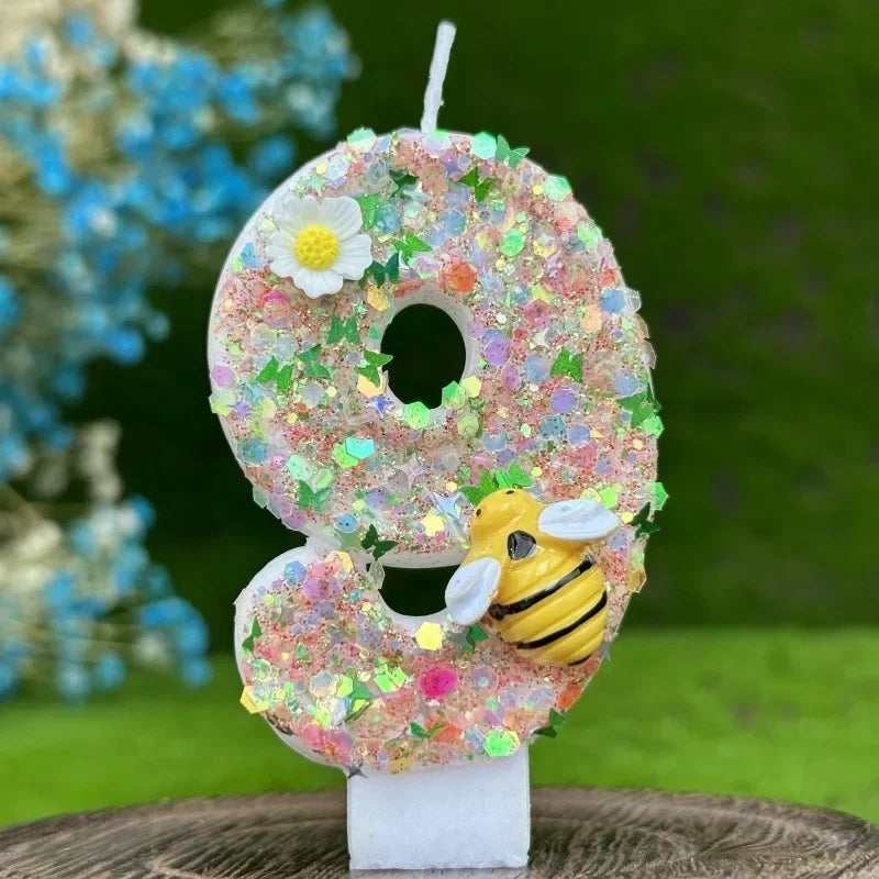 bougies chiffres paillettes abeilles fleurs anniversaire décoration enfantine festive multicolore