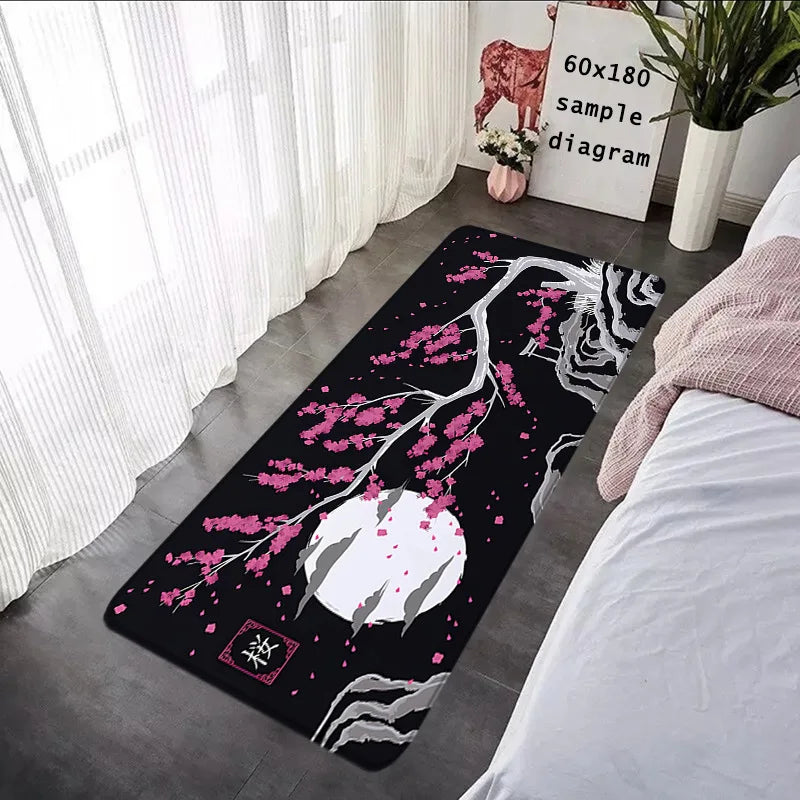 tapis moderne fleurs cerisier sakura noir rose violet décoration salon chambre maison intérieur