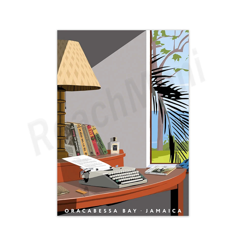 Cette image montre un bureau d'écrivain dans un décor tropical, avec une lampe de bureau, des livres, une machine à écrire et une fenêtre donnant sur un paysage verdoyant.