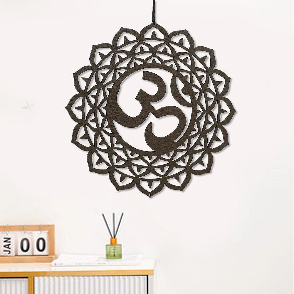 plaque murale bois motif géométrique marron artisanal moderne décoration chambre maison yoga spiritualité