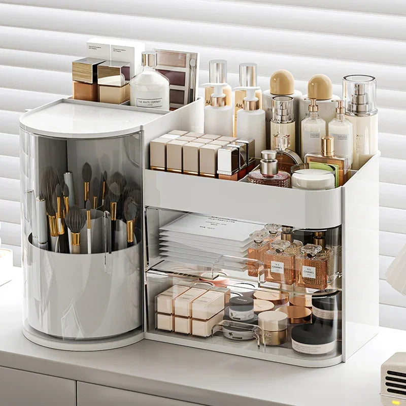 organisateur maquillage blanc crème moderne tiroirs transparents pinceaux palettes fards parfum lotions crèmes bougies