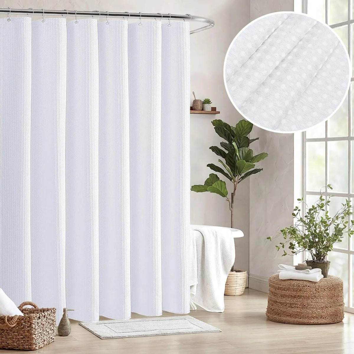 rideau douche blanc vert beige motifs géométriques opaques moderne anneaux métalliques respectueux environnementversible machine