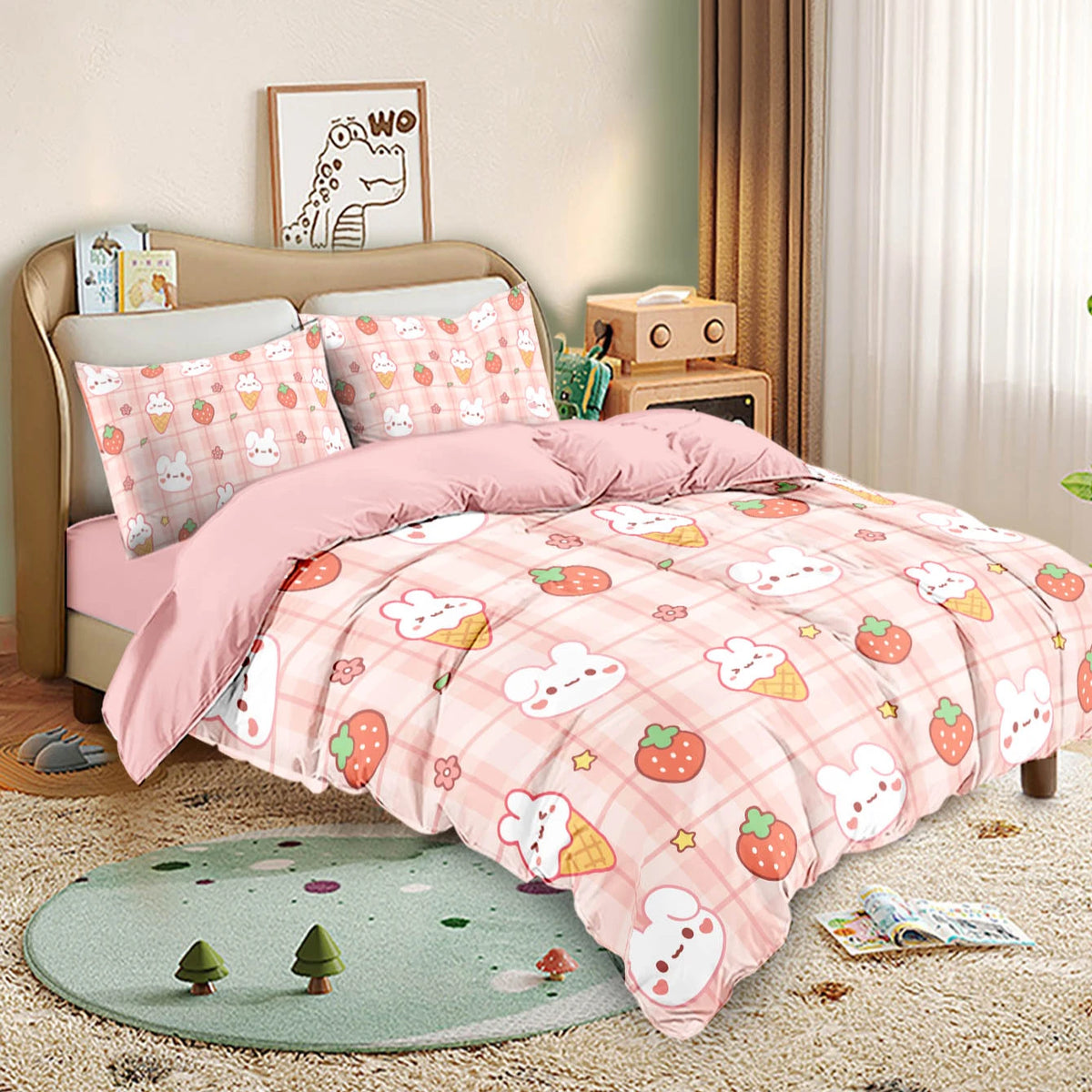 ensemble literie enfantin motif lapins fraises coeurs rose bleu hello so cute carotte