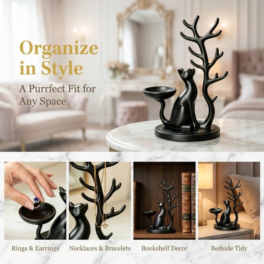 support bijoux forme chat antlers sculpture moderne blanc noirbranches stylisées anneaux boucles doreilles bracelets