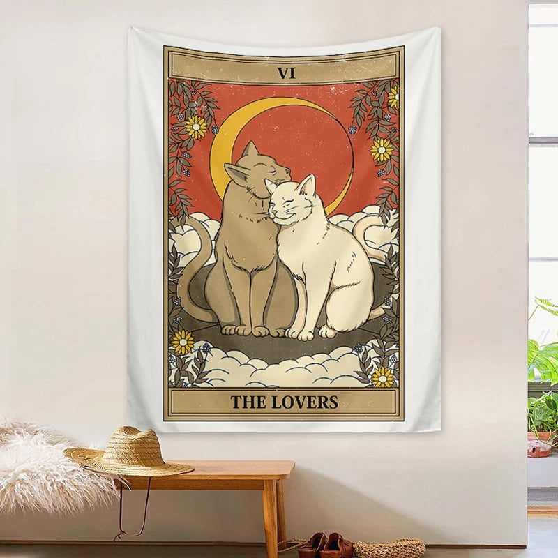 tapisserie murale moderne chat étoiles soleil lune clips polyester rectangle vintage