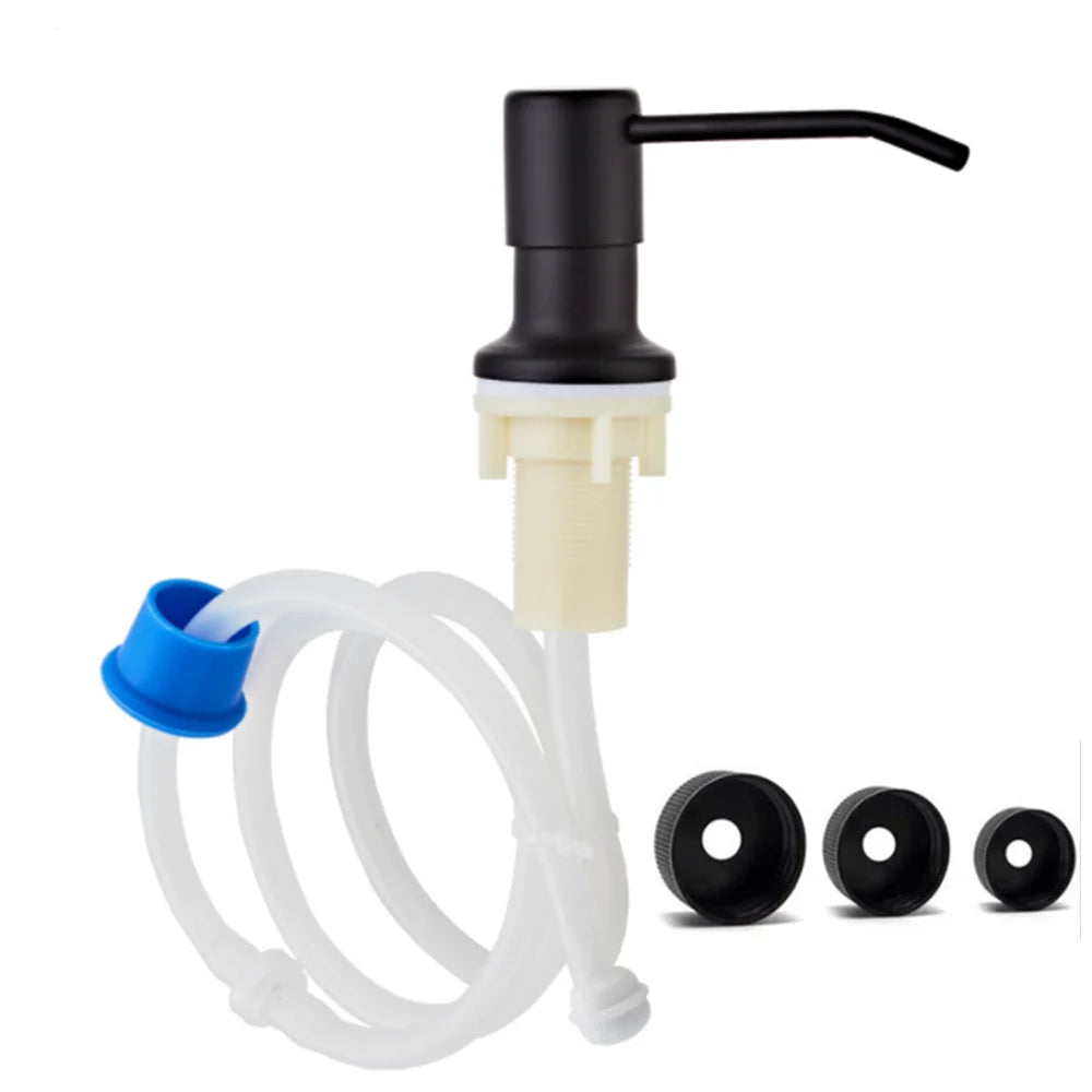 distributeur savon liquide or noir argent acier inoxydable moderne lisse fixations tube extension bouteille