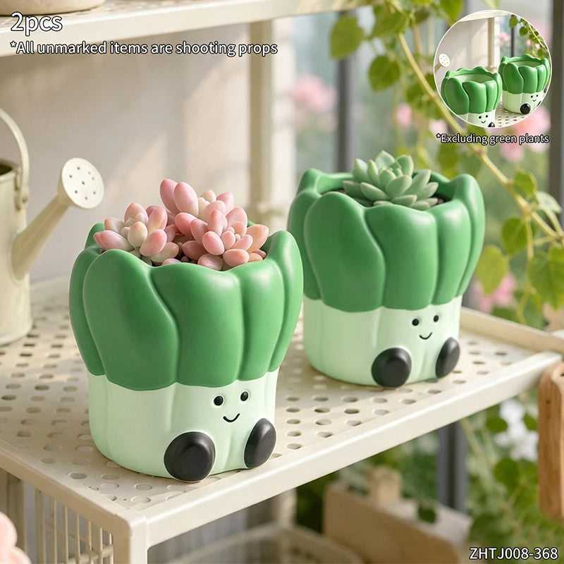 cache pot résine vert clair succulentes mignon visage souriant cactus décoration balcon