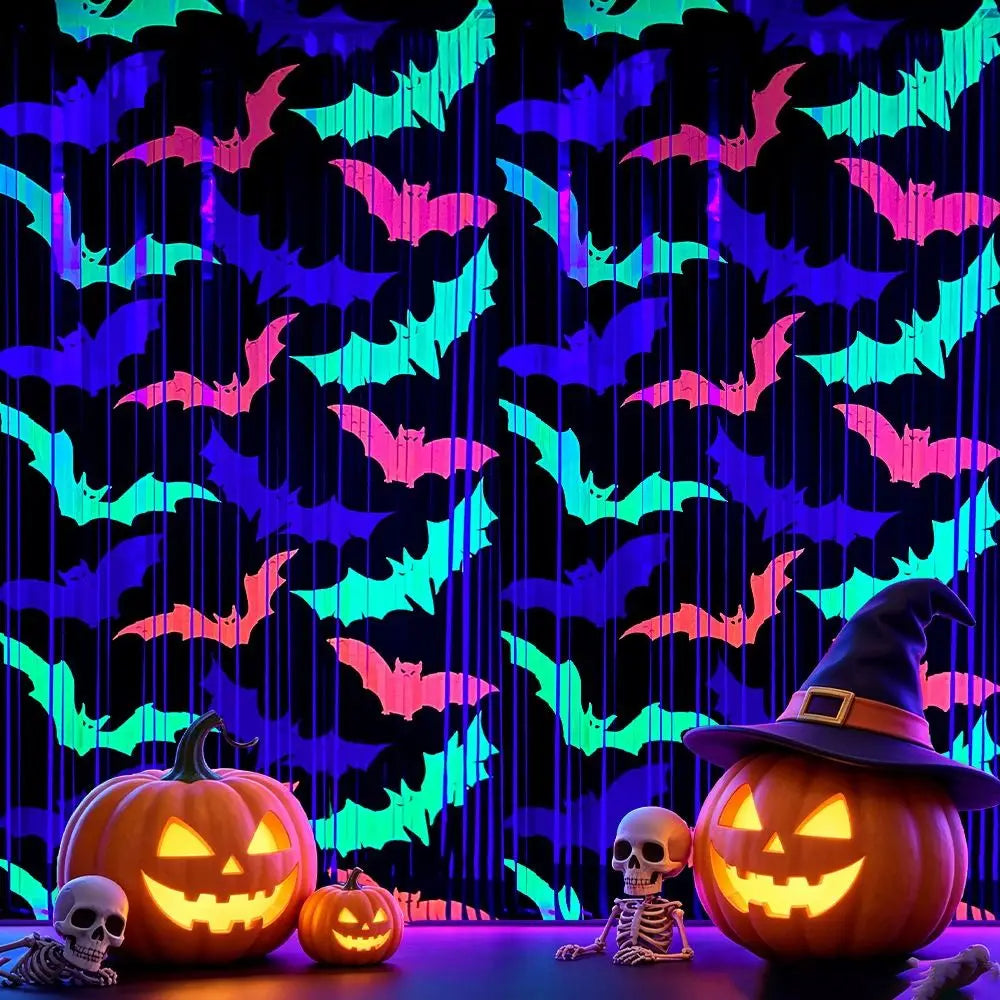 rideau guirlandes halloween chauves souris noir rose bleu vert violet opalescent