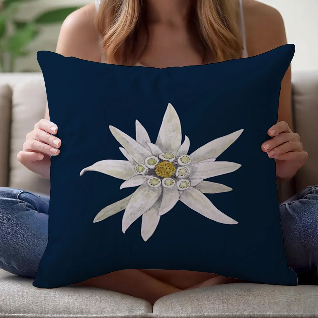housse coussin fleur blanche bleu marine moderne texture mat 45x45cm décoration chambre salon voiture