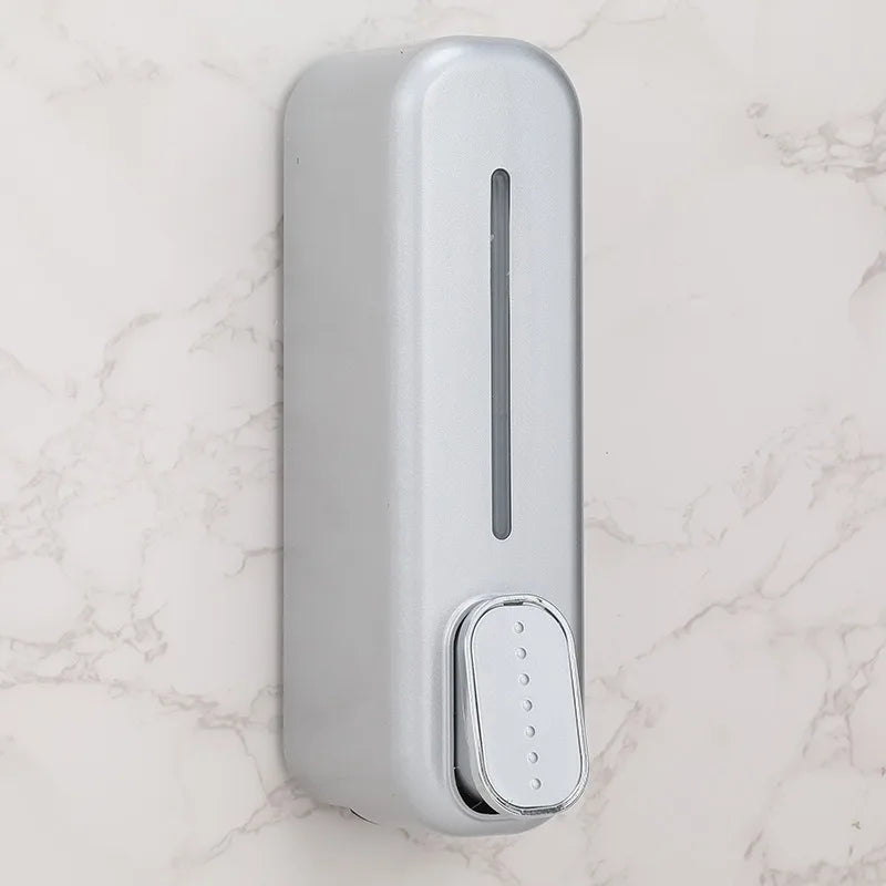 distributeur savon liquide mural blanc doré moderne adhésif bouton déclenchement fenêtre remplissage minimaliste