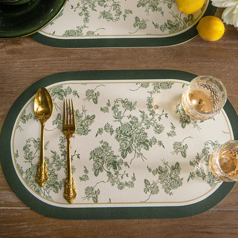 tapis table beige noir résistants chaleur imperméables lavables fleurs stylisées texture cuir classique élégant
