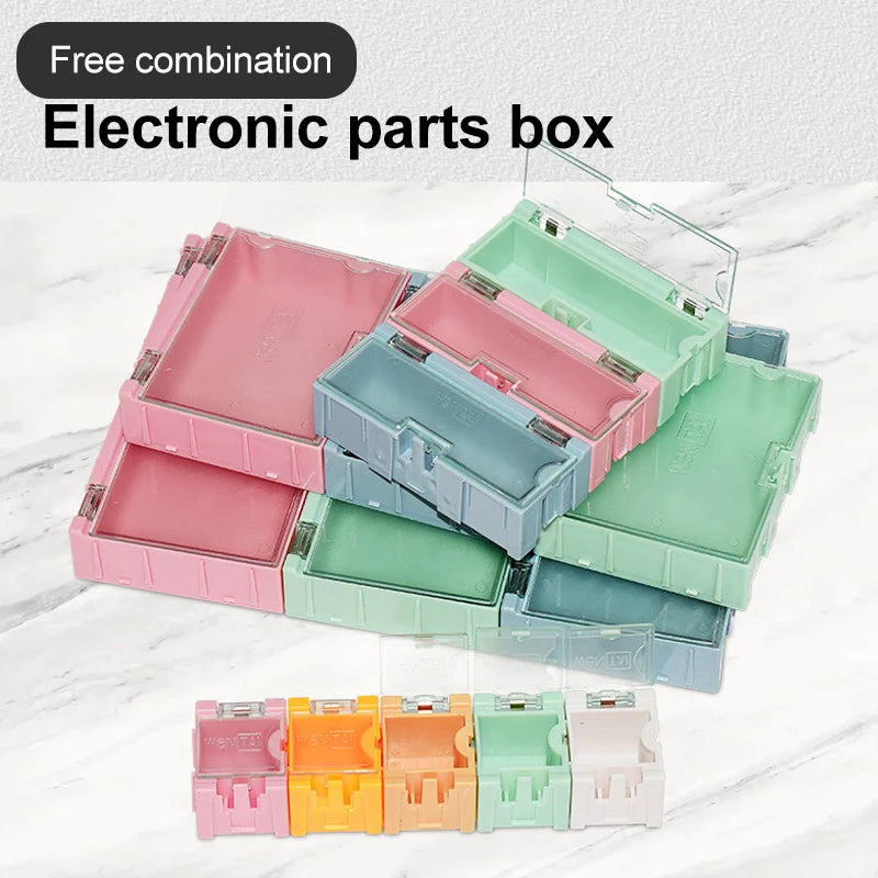 boîtes rangement électroniques vert rose bleu clips fermeture pratiques modernes