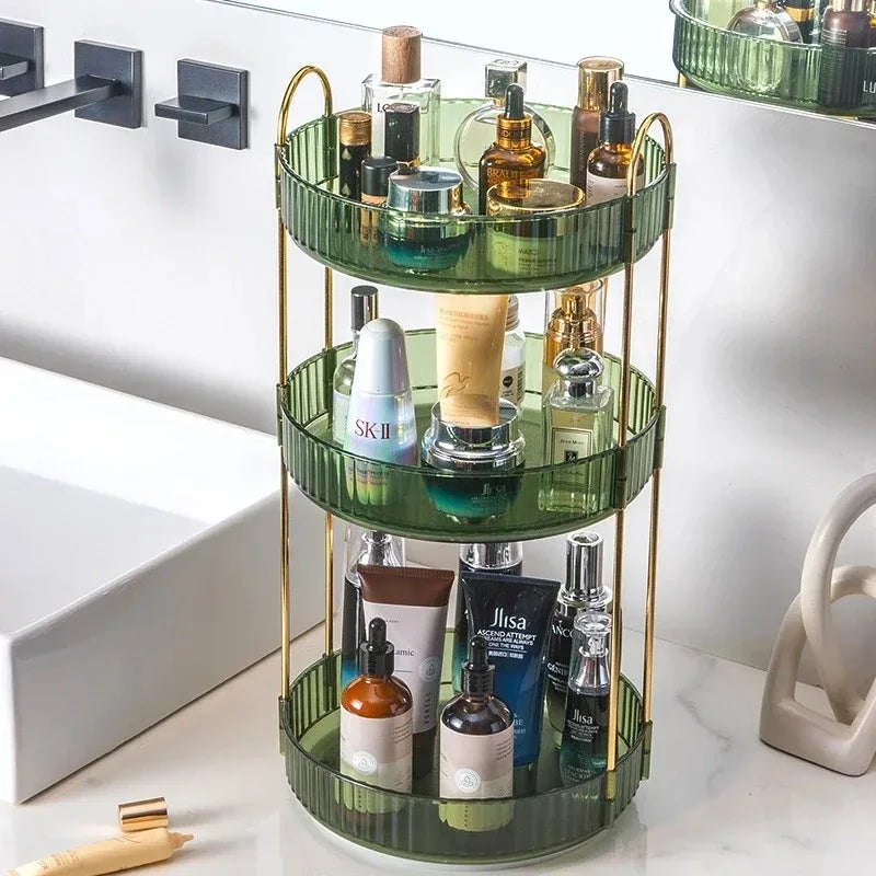 organisateur maquillage rotatif or vert olive moderne élégant extensible multiple rangements bouteilles tubes flacons