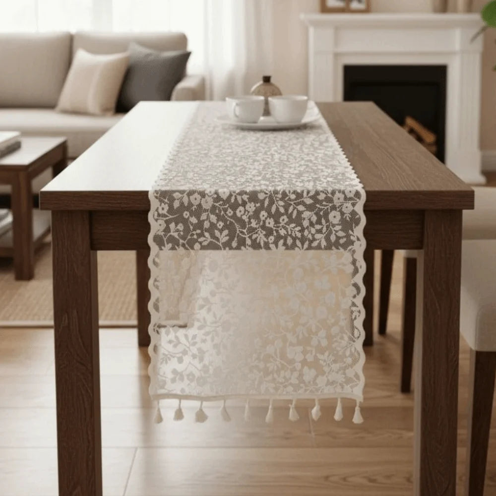 nappe table dentelle florale transparente noir blanche beige décoration champêtre vintage assises dîner réception