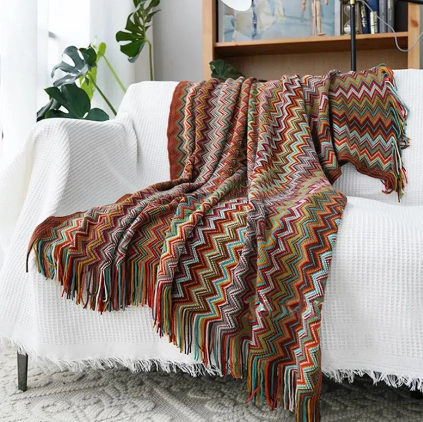couverture lit multicolore zigzag ethnique portable maison hospitalière