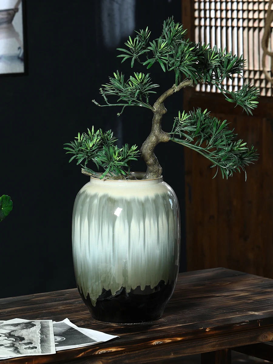 Un magnifique bonsaï en pot décoratif aux fleurs vertes, posé sur une table en bois sombre.