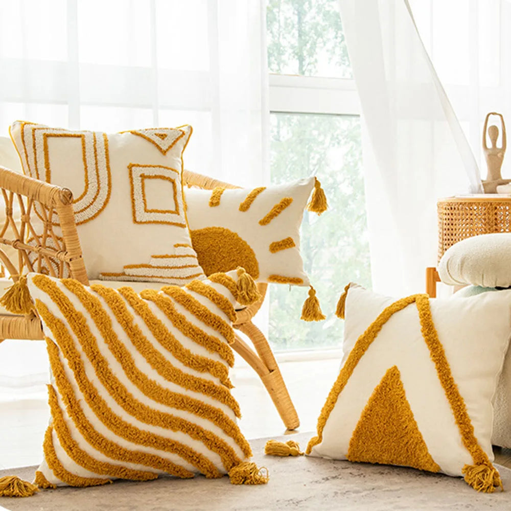 coussins décoratifs géométriques boho chic blanc moutarde tassel chambre canapé maison sans rembourrage