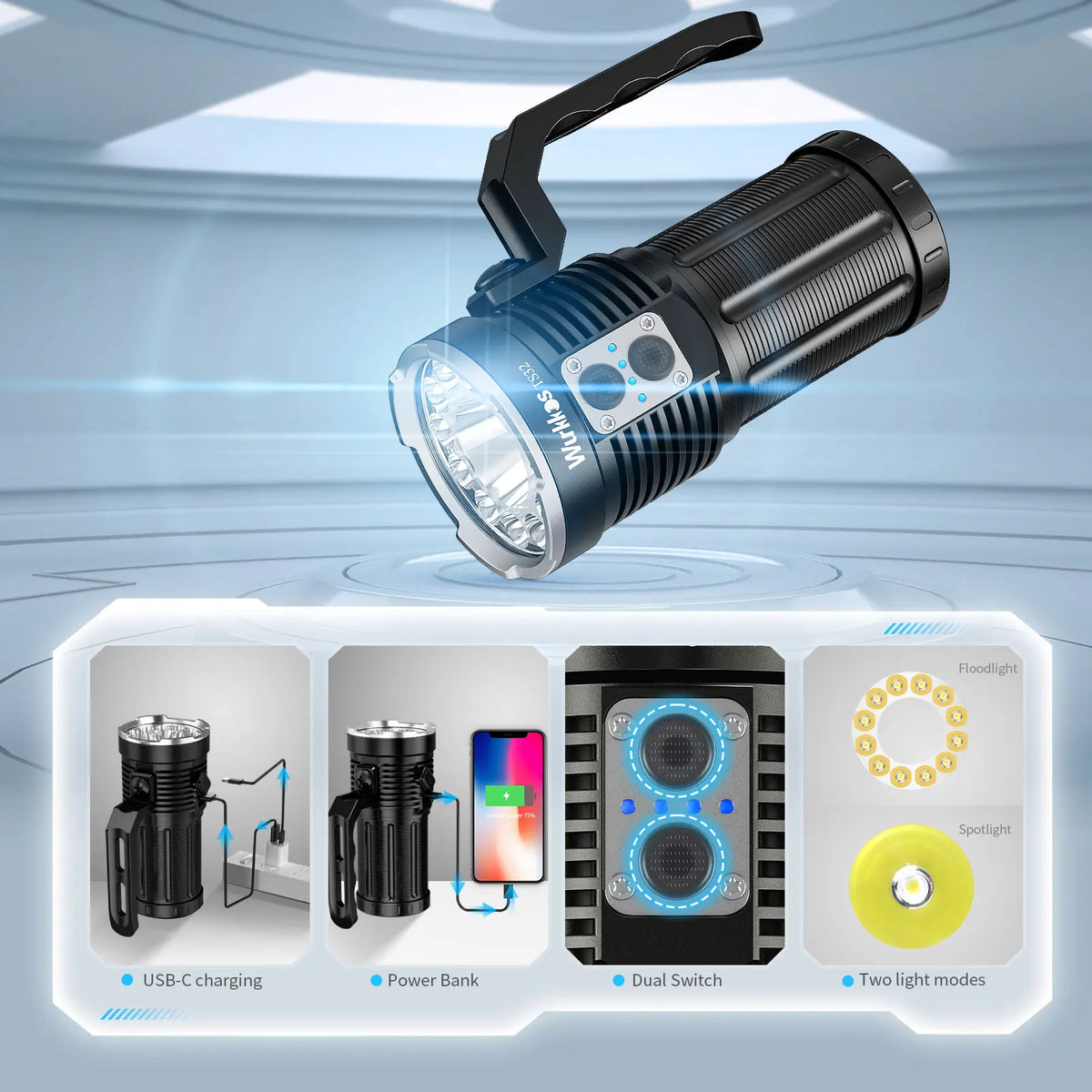 lampe poche led rechargeable 13000 lumens ip68 étanche 584m portée camping