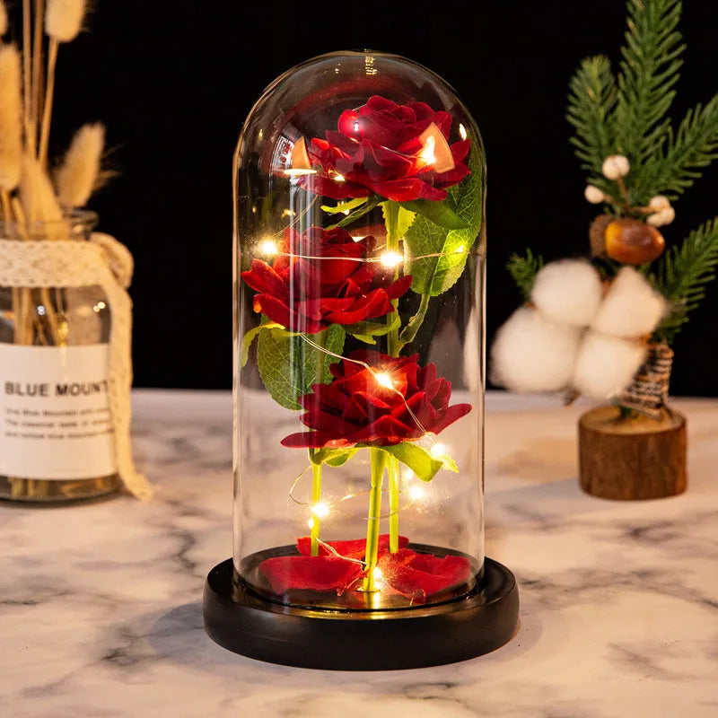 décoration intérieure bouquet roses artificielles cloche verre base bois romantique mariage