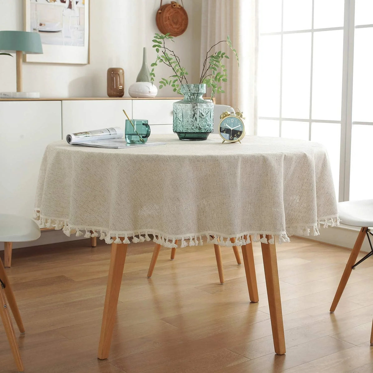nappe ronde coton crème franges rustique scandinave table décoration hiver noël