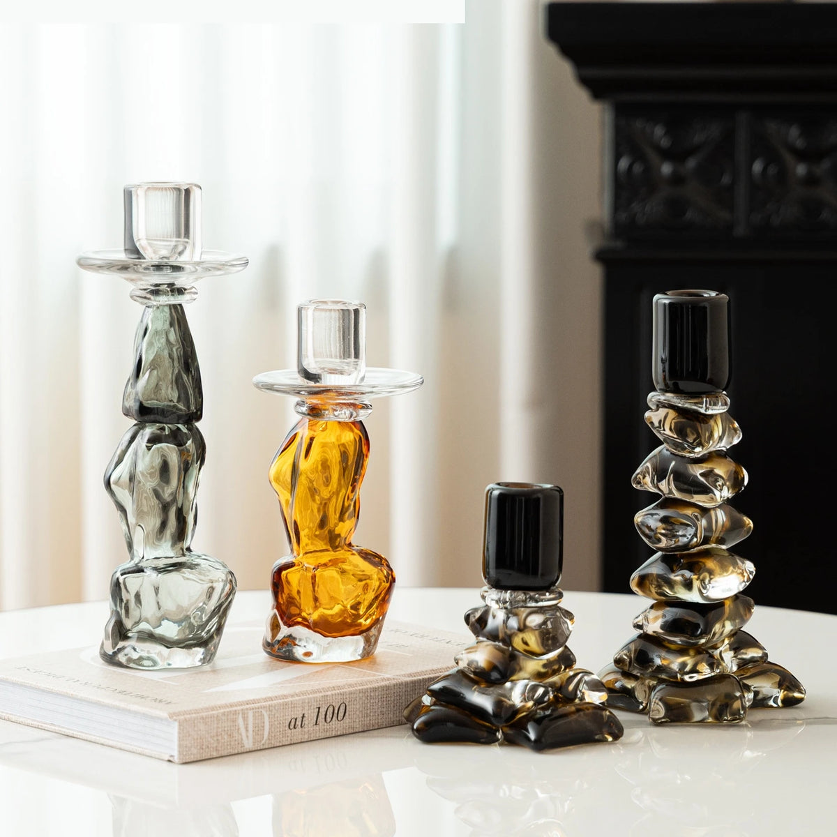 bougeoir moderne verre noir marron texture granuleuse opac deco maison chandelle bâton base tige