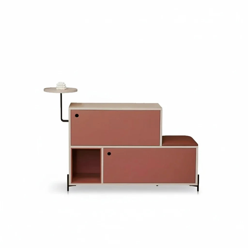 meuble rangement chaussures rose moderne pieds noirs compartiments ouverts minimaliste