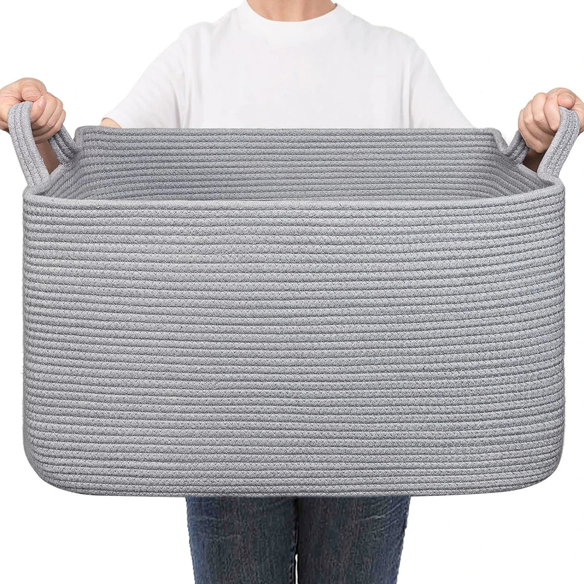 panier rangement polyester blanc rayures horizontales moderne réutilisable 55L poignées organisation linge étagères