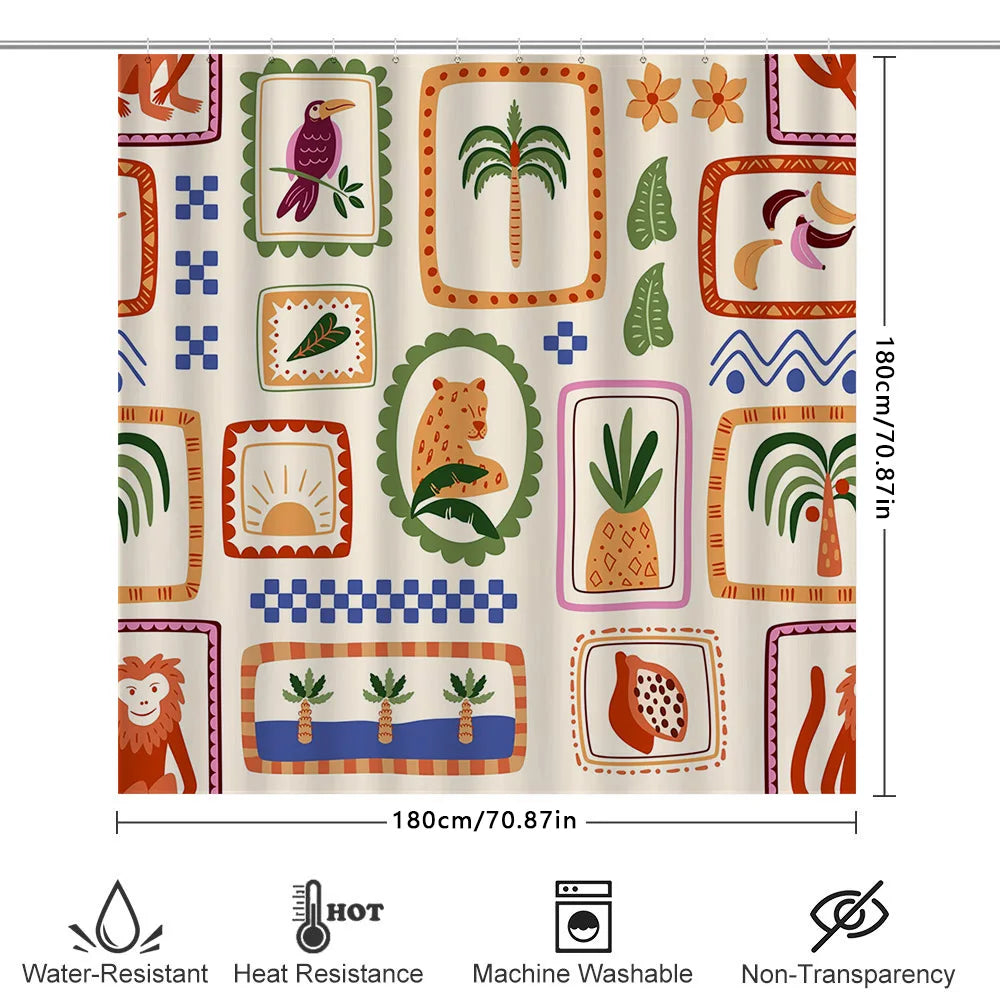 rideau douche tropical motif animaux océanique orangé crème bleu vert