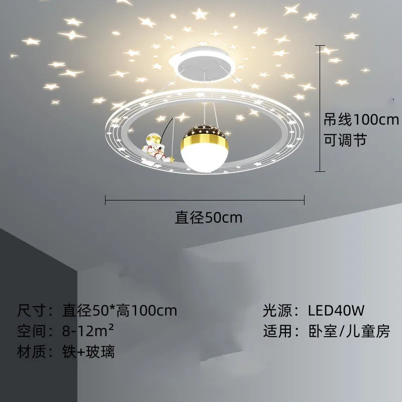 suspension lumineuse moderne astronaute étoiles blanche dorée bleue anneaux concentriques