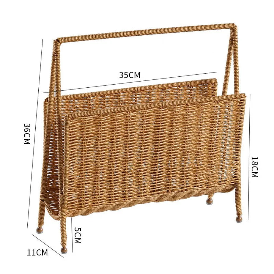 support magazines tressé marron clair rustique pieds ronds salon rangement respectueux environnement