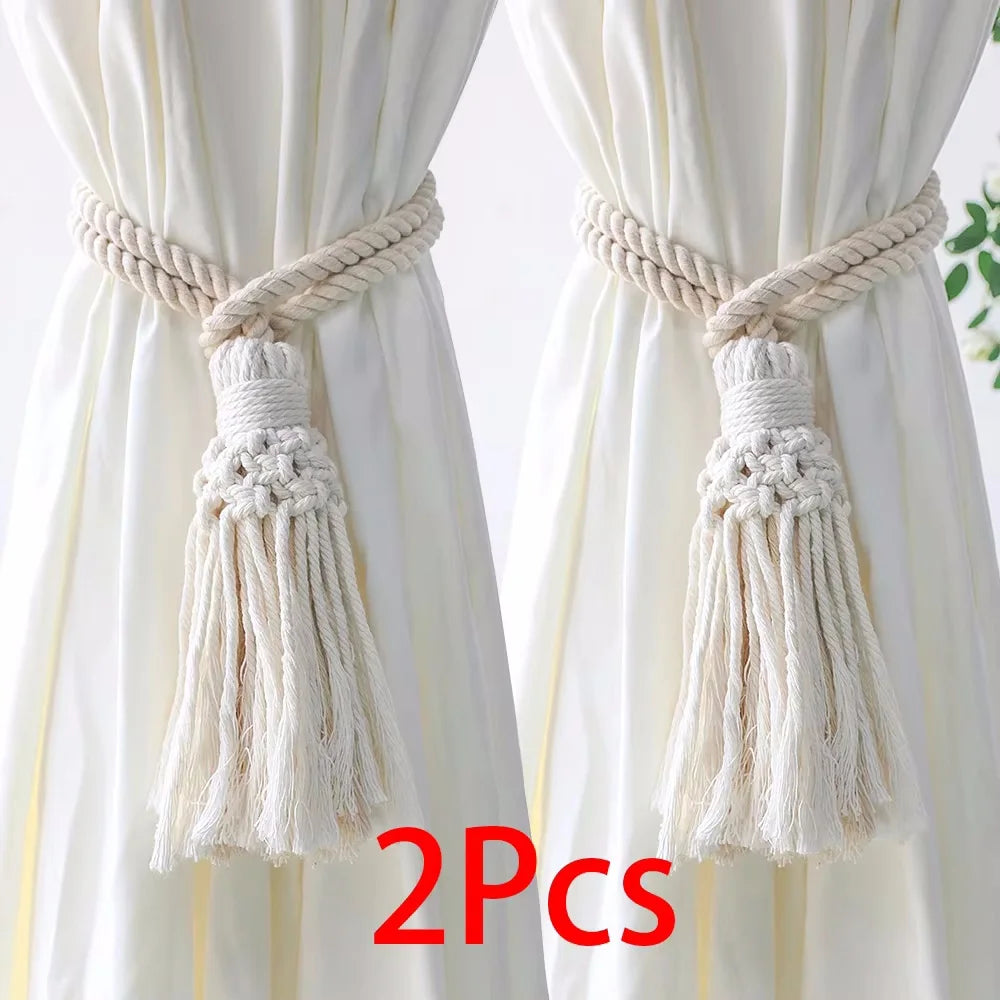 rideau polonais boho blanc rayures jaunes bois pompons adhésif coton moderne