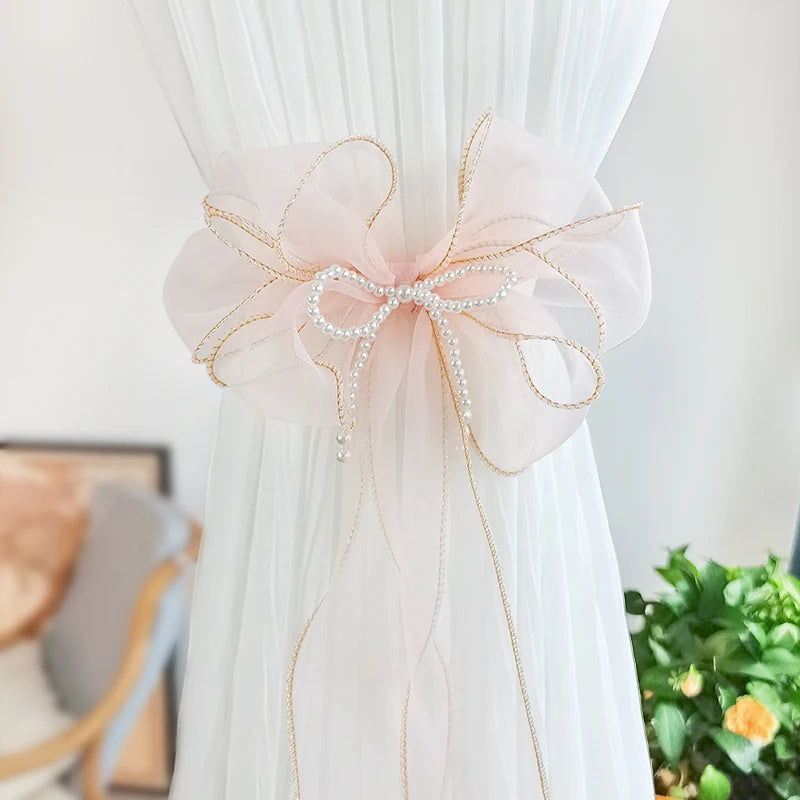 rideau fenêtre transparent rubans décoratifs nœuds dorées élégants maison vintageclair rose blanc