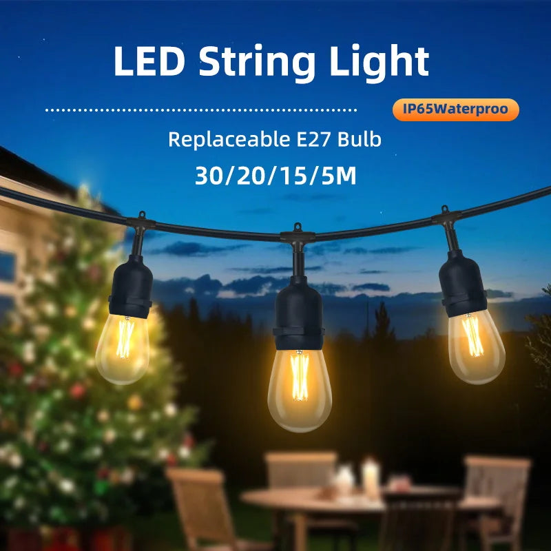 guirlande lumineuse led 30m 20m 15m ampoules vintage noir clips éclairage extérieur jardin blanc
