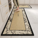 Un tapis de cuisine décoratif avec un motif floral monochrome, offrant une touche de style et de fonctionnalité à l'espace.