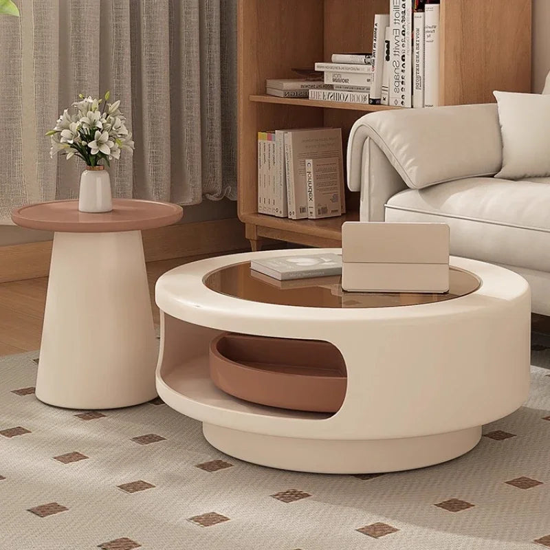 table basse moderne verre transparent plateau rotatif compartiment trois sections couleur beige marron clair