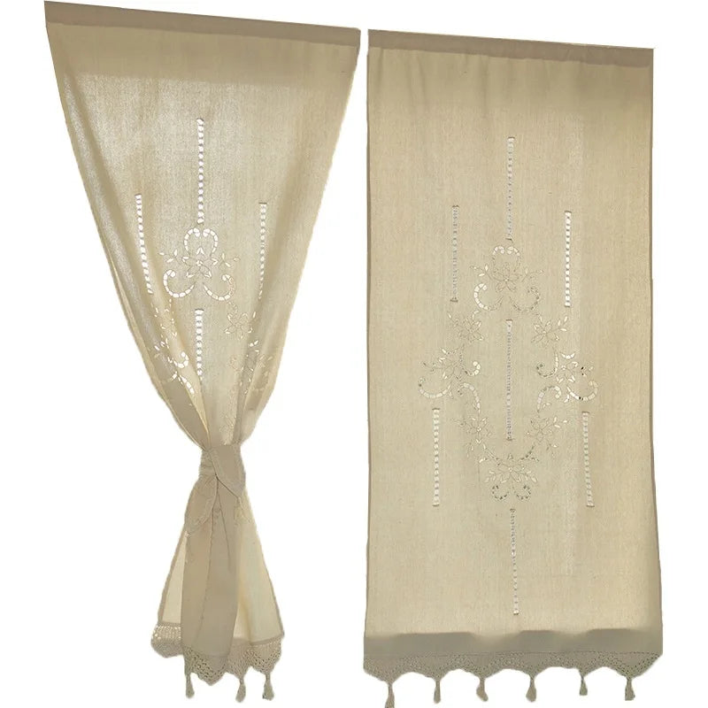 rideaux fenêtre lin beige floral semi transparent rustique franges domestique pastorale