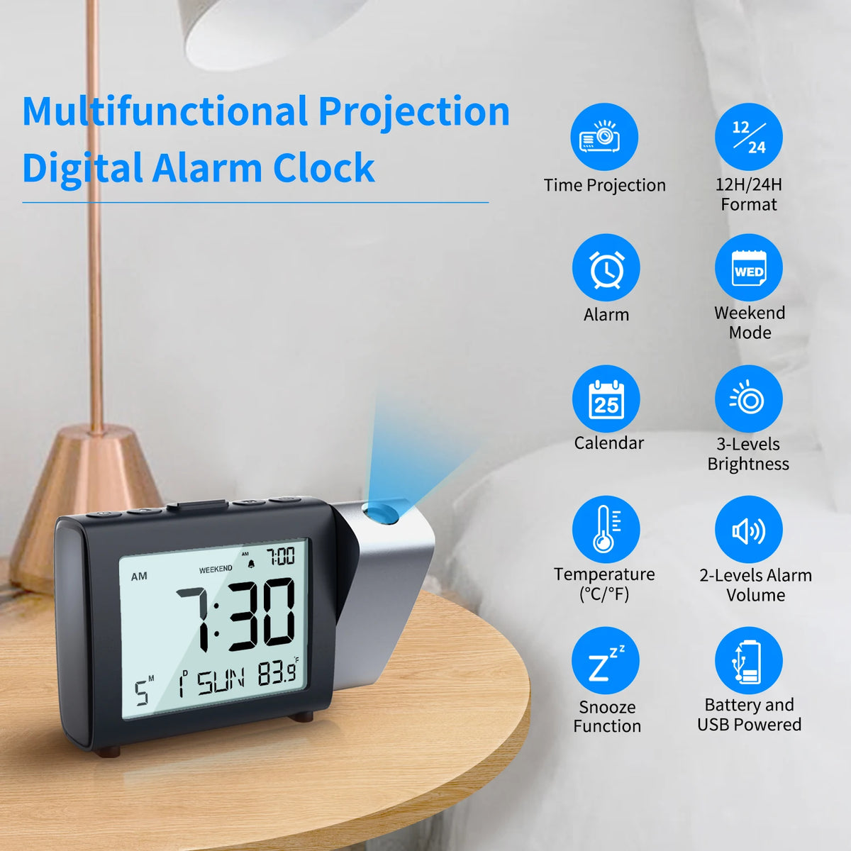 réveil numérique projection horloge table lcd moderne projection affichage date temperature