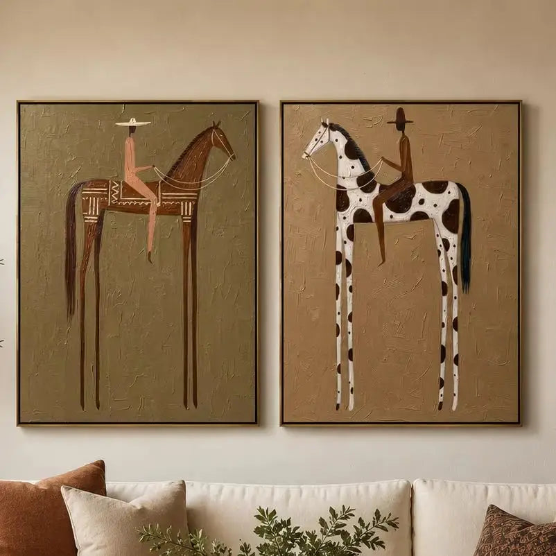tableau moderne minimaliste chevaux stylisés motifs géométriques couleur marron beige noir blanc toile sans