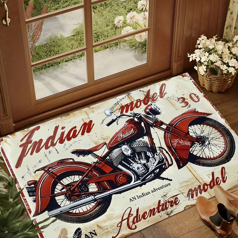 tapis vintage illustration moto indian adventure rouge beige noir salon maison
