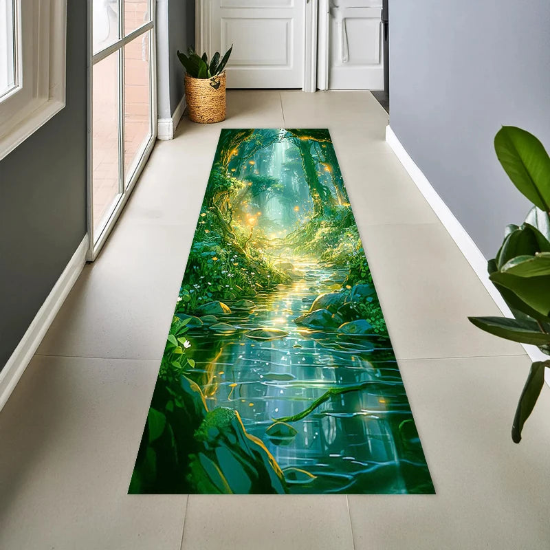 tapis moderne fantastique paysage fleurs rochers lumière verte bleue jaune noire salon chambreextérieur