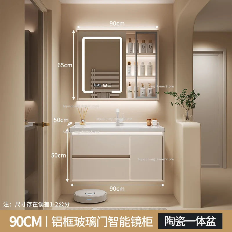 meuble salle bain moderne évier tiroirs beige clair miroir lumineux tapis motifs cosmétiques dorés