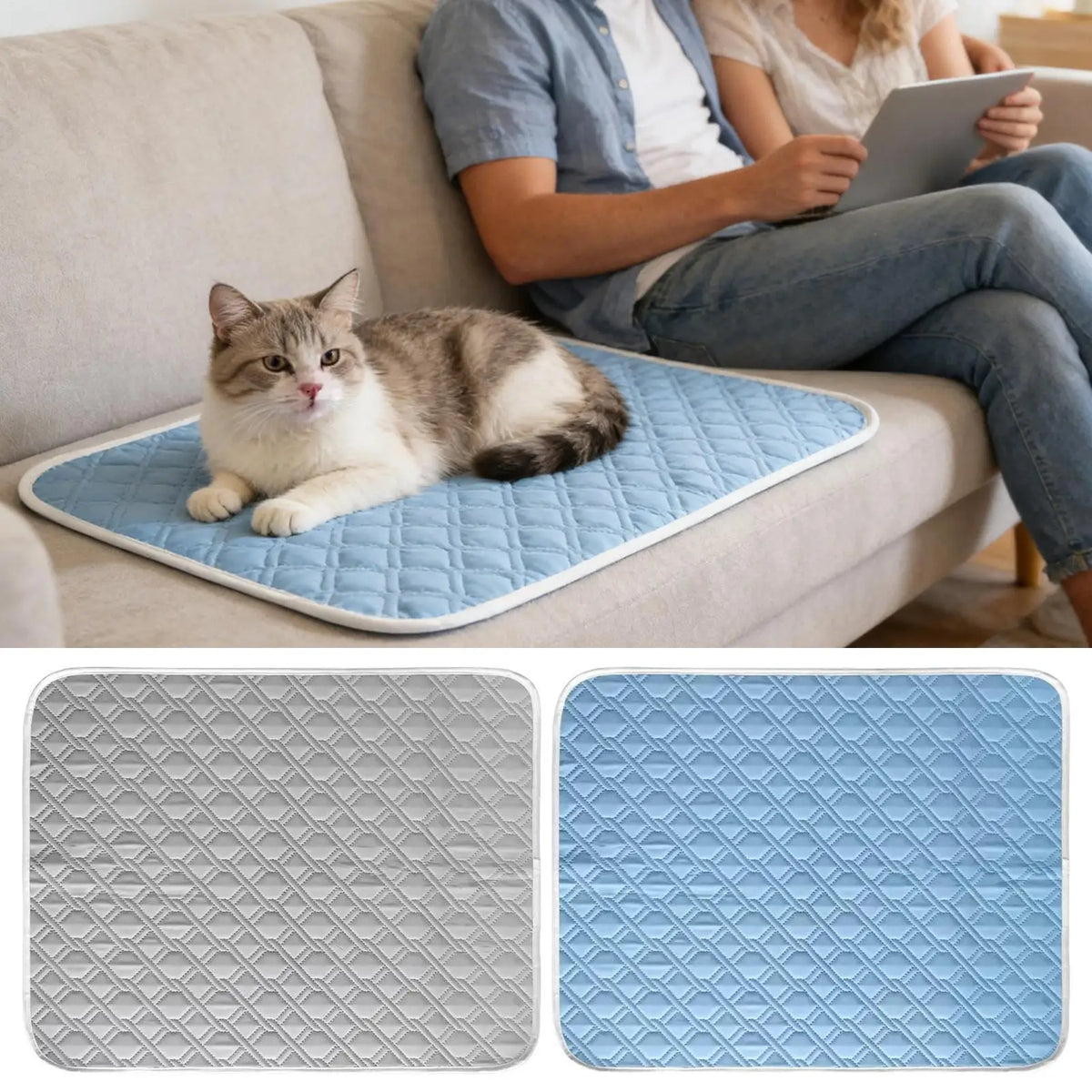 tapis rafraîchissant animal compagnie bleu gris hexagonal alvéolé moderne 50x35cm