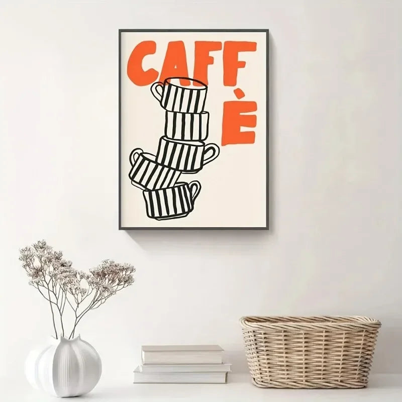 impression toile caffè tasses empilées graphique moderne abstraite mur decoration beige orange noir blanc