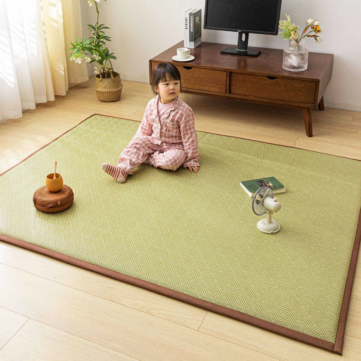 tapis solide rectangle fibre bambou couleur beige bordure marron moderne minimaliste lavage main