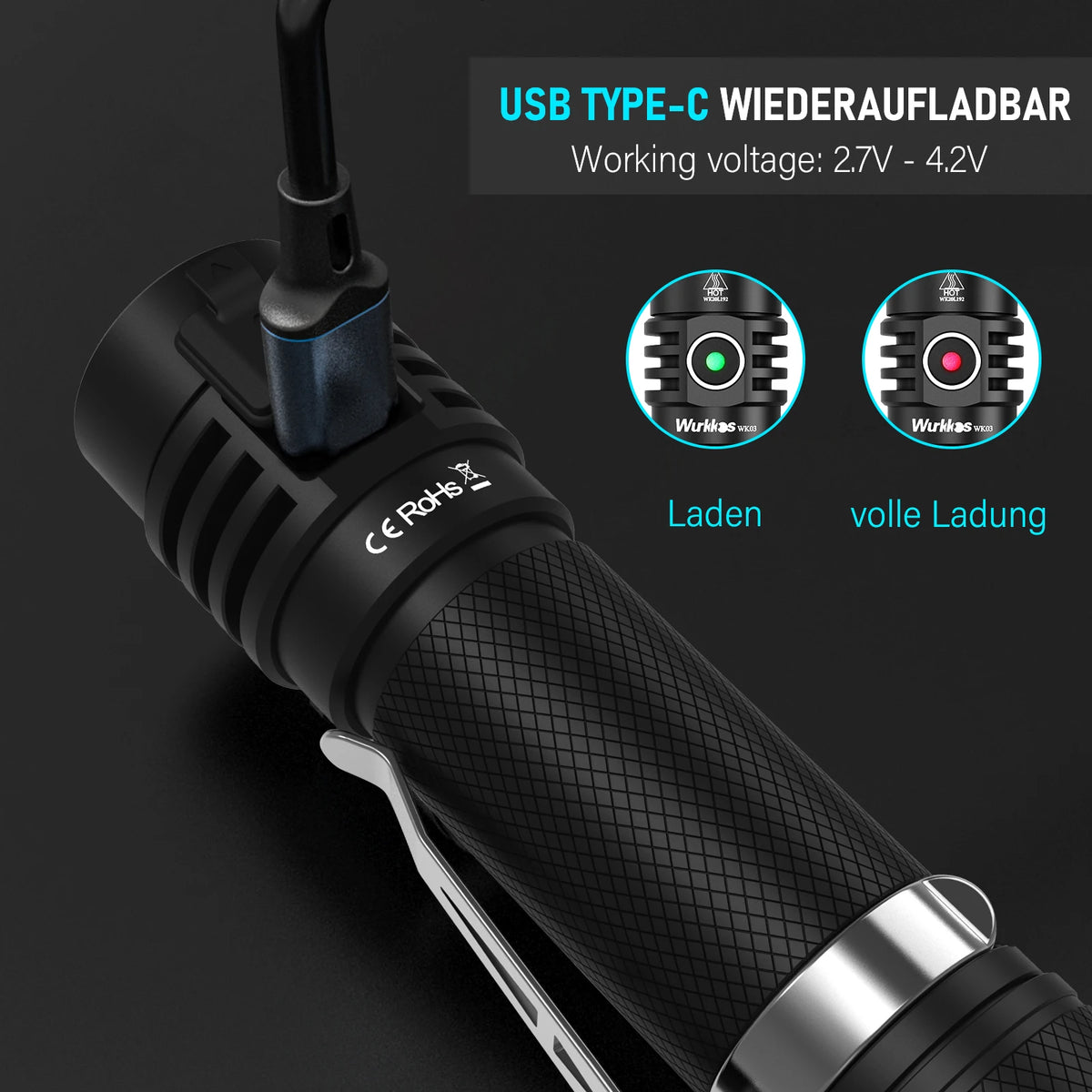 lampe poche rechargeable led 1800lm ip68 étanche clip usb camping