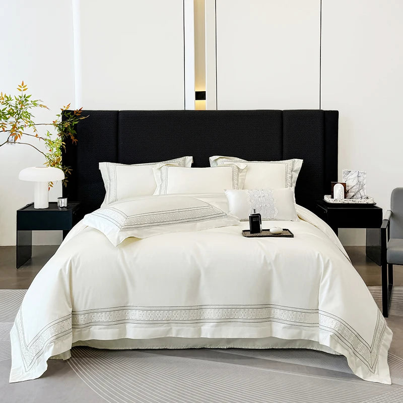 ensemble literie blanc brodé élégant 100 coton king queen size