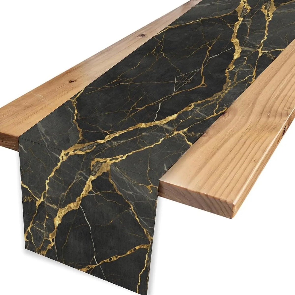 chimene table lin imitation marbre noir veines dorées moderne luxueux 184cm longueur 34cm largeur