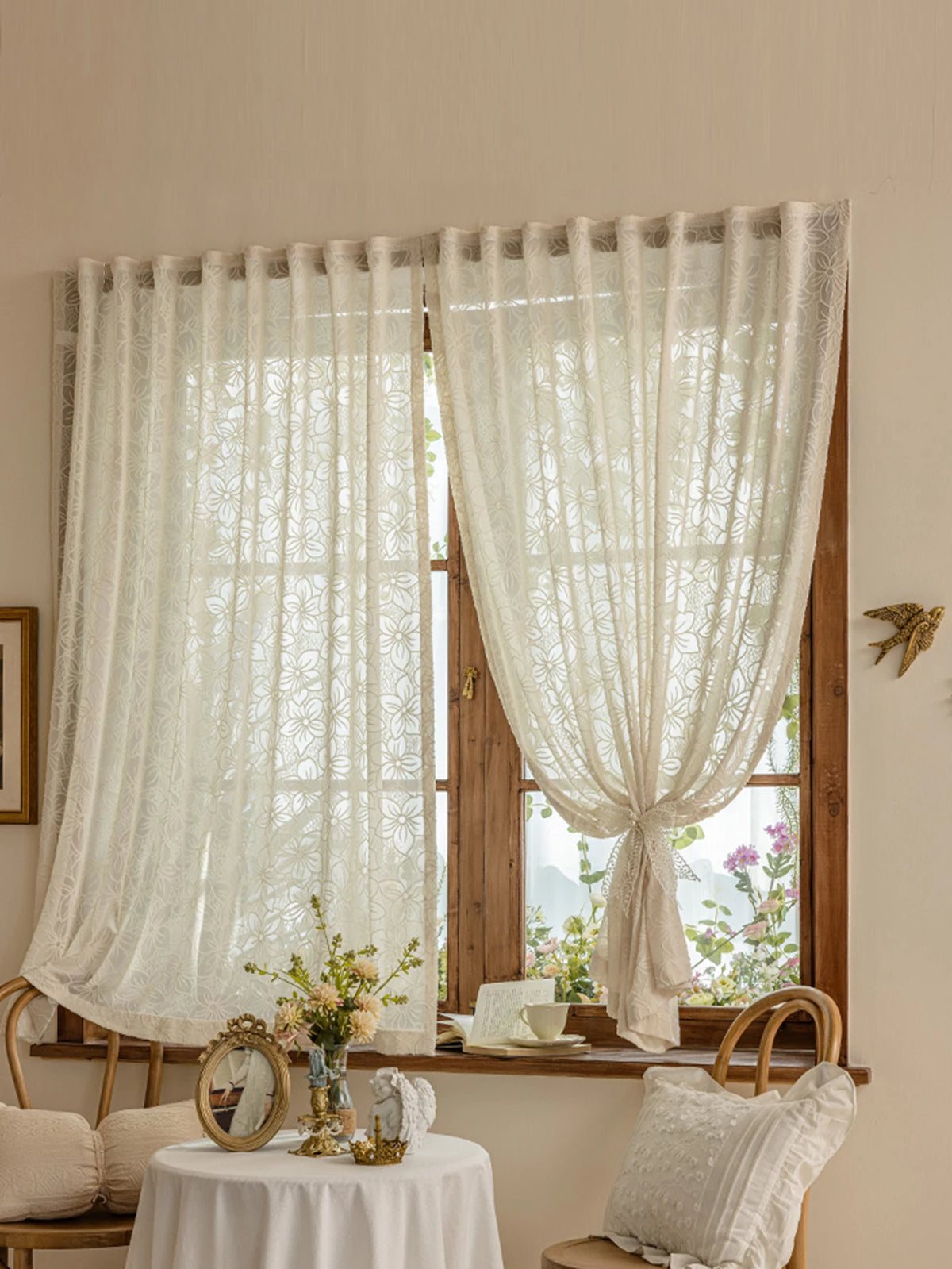rideau moderne fleurs transparent beige clair décoration polyester extérieure fenêtre plate